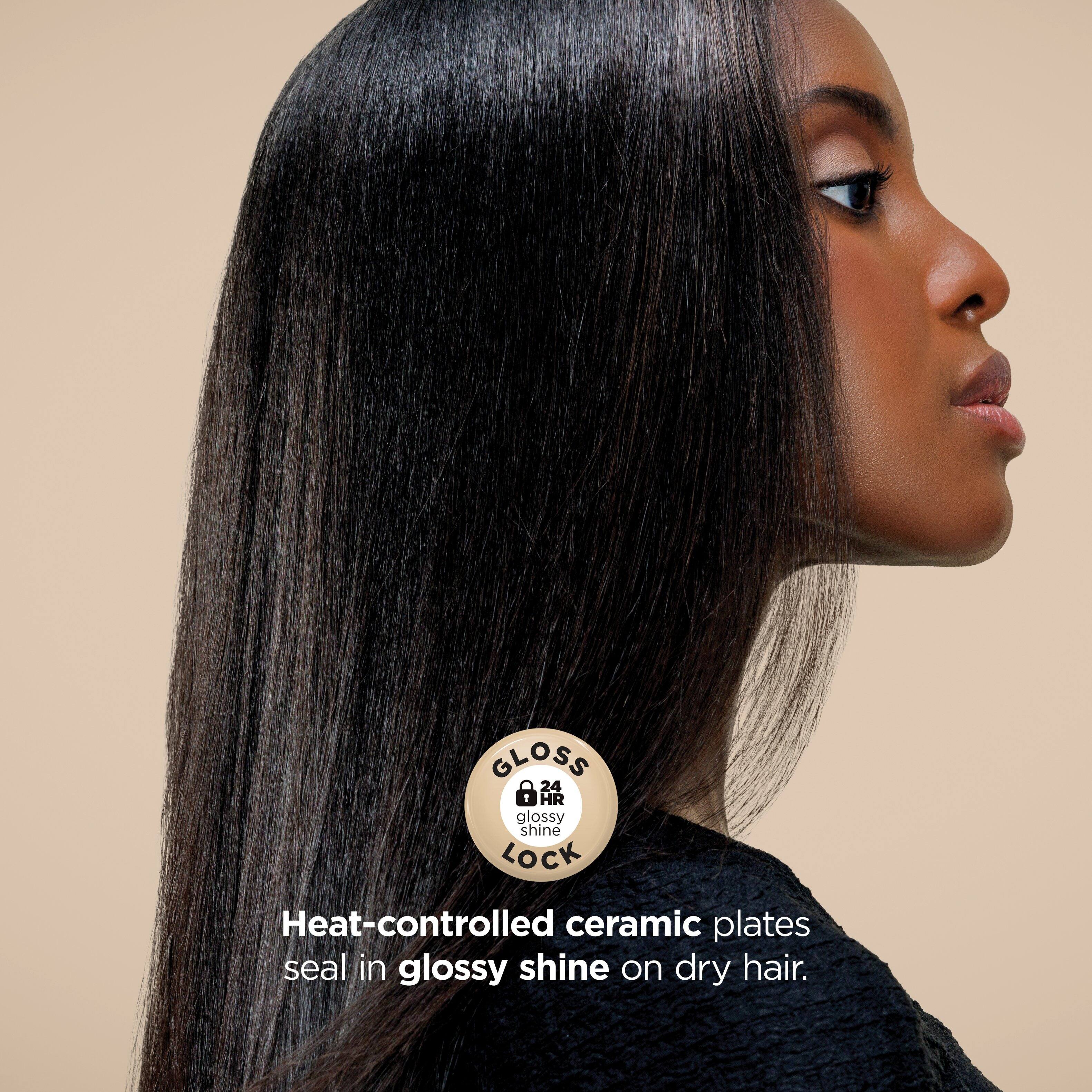 Heat-controlled ceramic plates seal in glossy shine on dry hair.