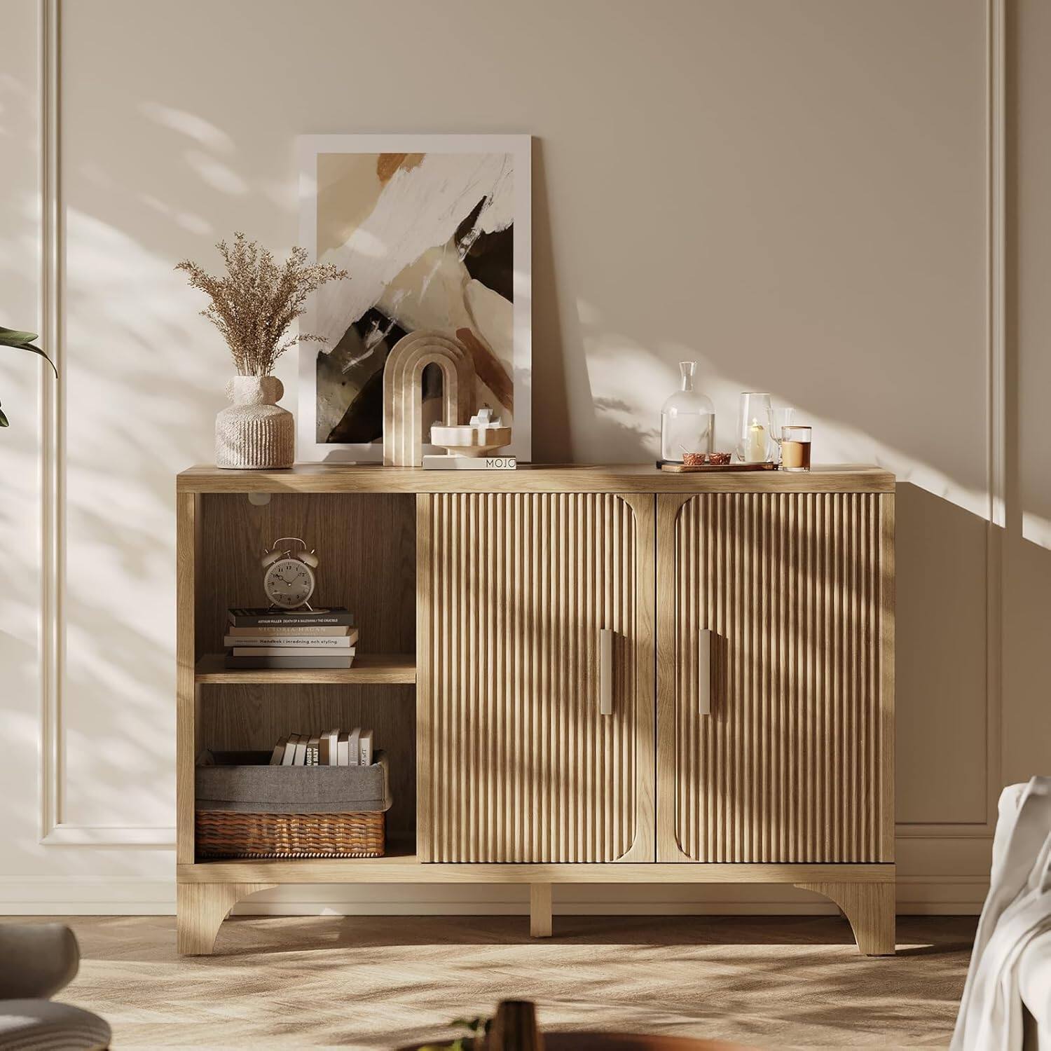 Alt View 1. HONGGE - Mid Century Modern Buffet Cabinet with Fluted Doors and Spacious Storage - Brown.