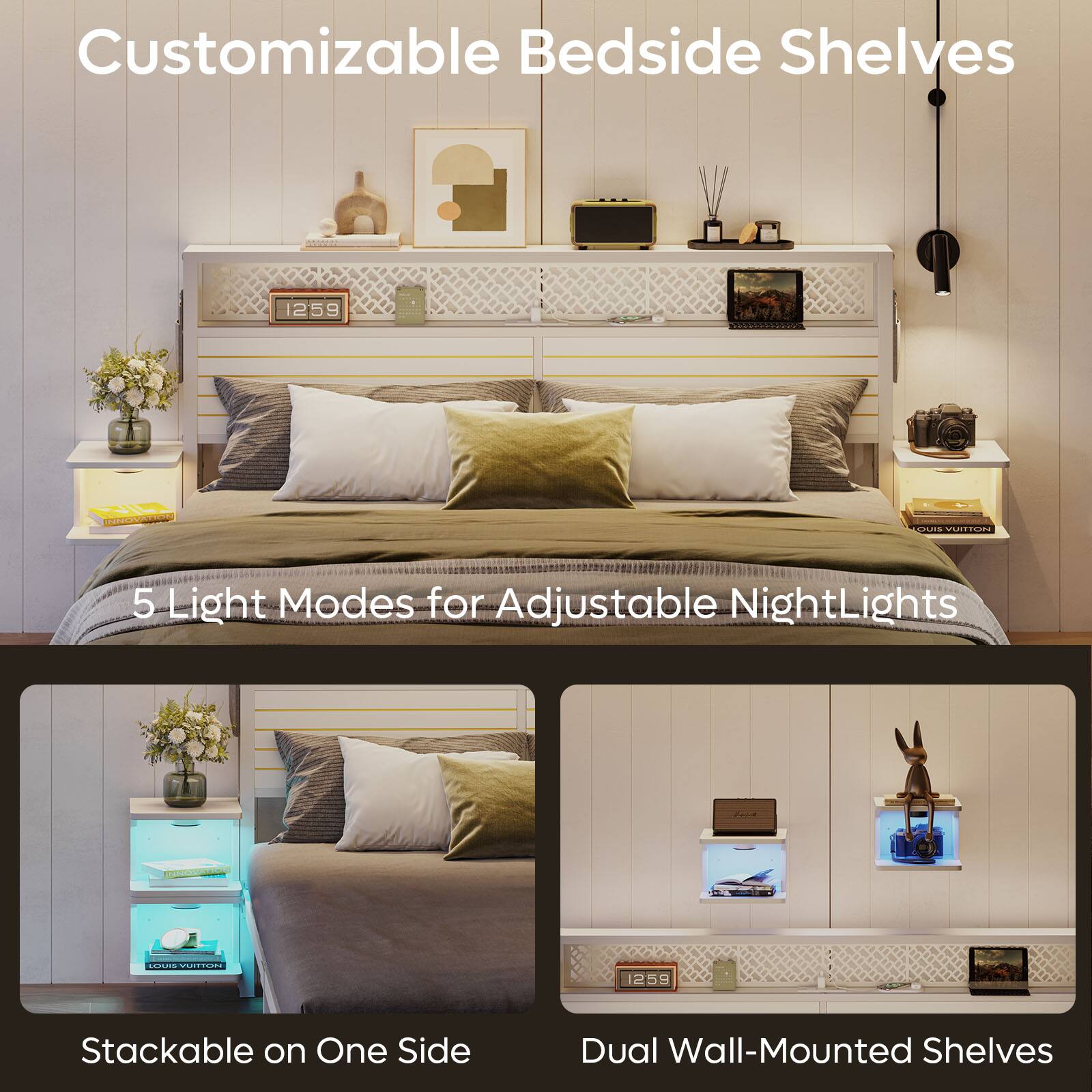 Customizable Bedside Shelves: 5 Light Modes for Adjustable NightLights. Stackable on One Side. Dual Wall-Mounted Shelves.