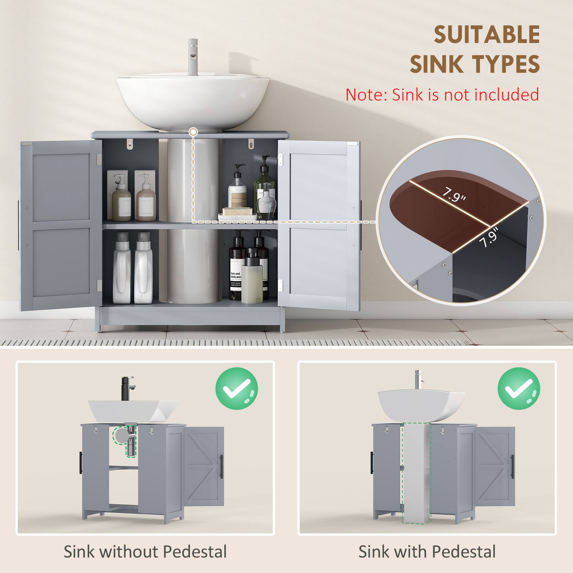 SUITABLE SINK TYPES  
Note: Sink is not included  

- 7.9" x 7.9"  

Sink without Pedestal  
Sink with Pedestal