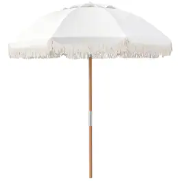 Costway - 6 FT Patio Umbrella with Fringe, Tassel Market Table Umbrella with Push Button Tilt - White