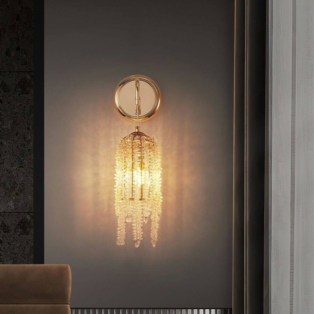 Alt View 5. Kadyn - Set of 2 Gold Frame and Cascading Crystal Bead String Wall Sconces, E12 Bulb Socket, Elegant Hanging Light Fixture, Gold - Gold.