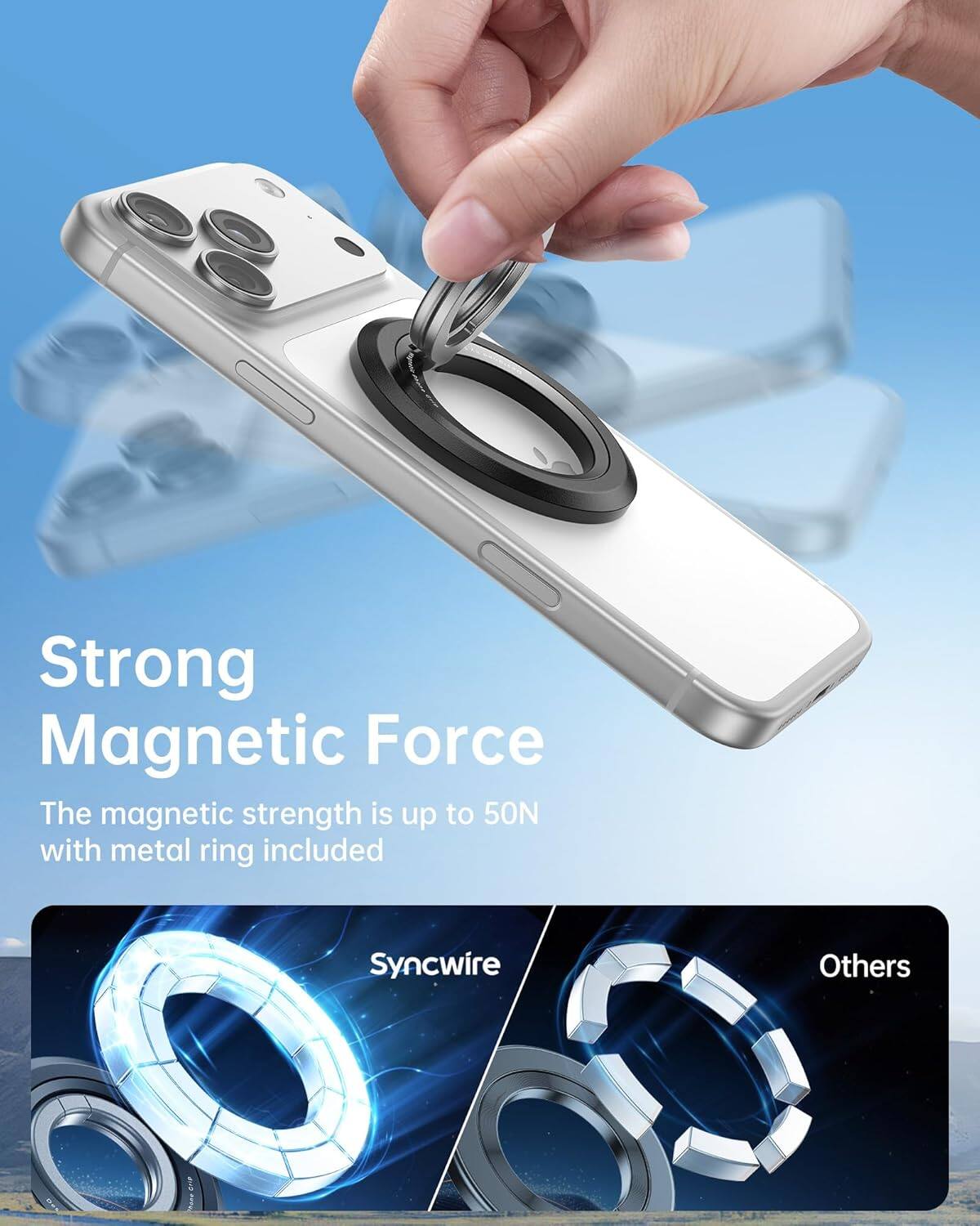 Strong Magnetic Force  
The magnetic strength is up to 50N with metal ring included  

Syncwire  
Others