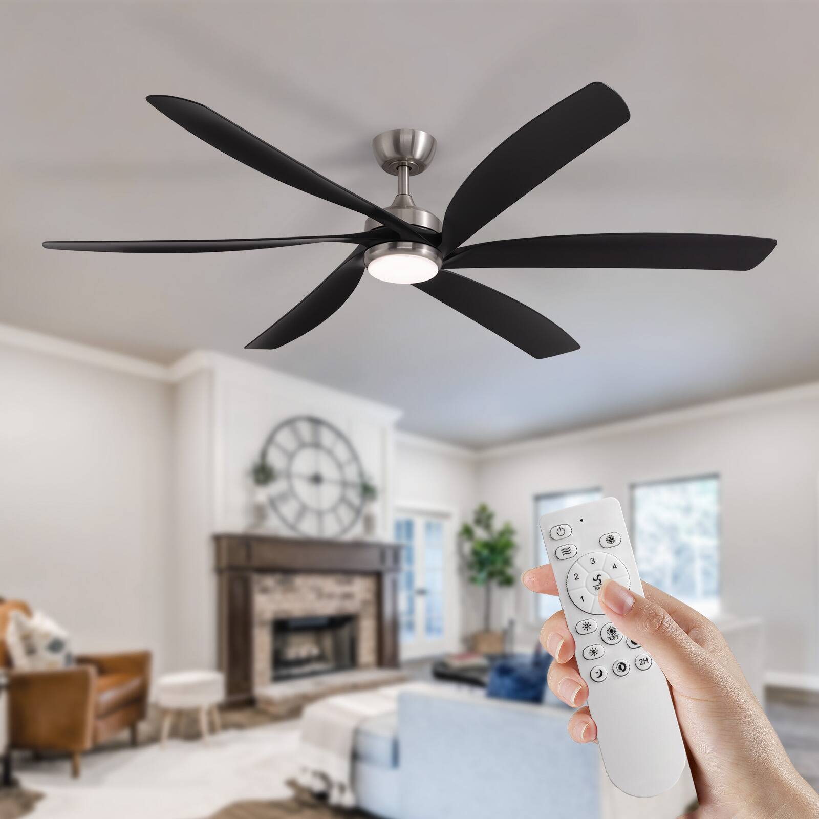 Angle. Siljoy - 64" Modern Silent Ceiling Fan, Reversible DC Motor, 6 Speeds, Timer, Natural Wind, Remote & APP Control, Indoor Outdoor - Solid Nickel.