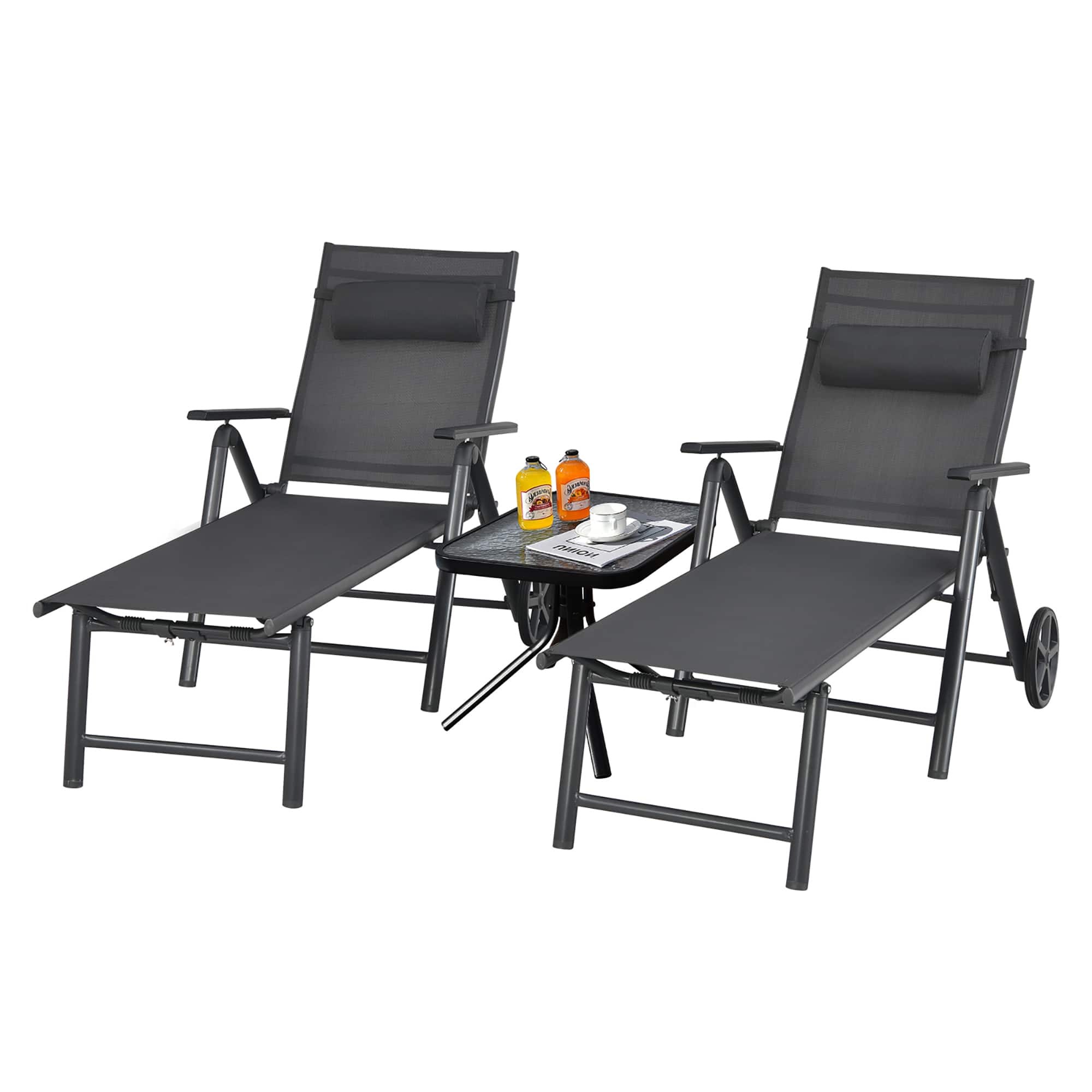 Costway - 2PCS Patio Lounge Chair W/ Wheels Neck Pillow Aluminum Frame Adjustable - Gray