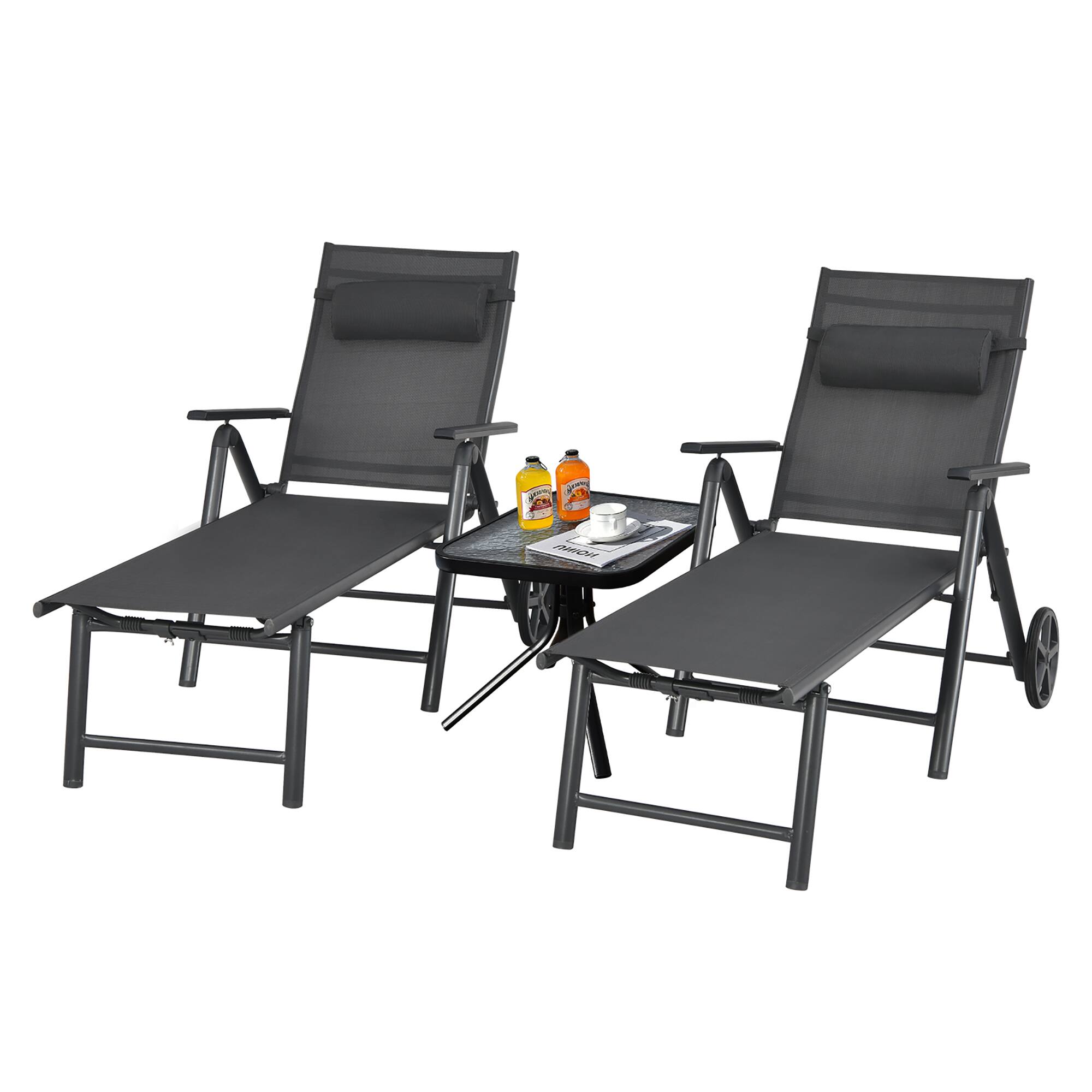 Costway - 2PCS Patio Lounge Chair W/ Wheels Neck Pillow Aluminum Frame Adjustable - Gray
