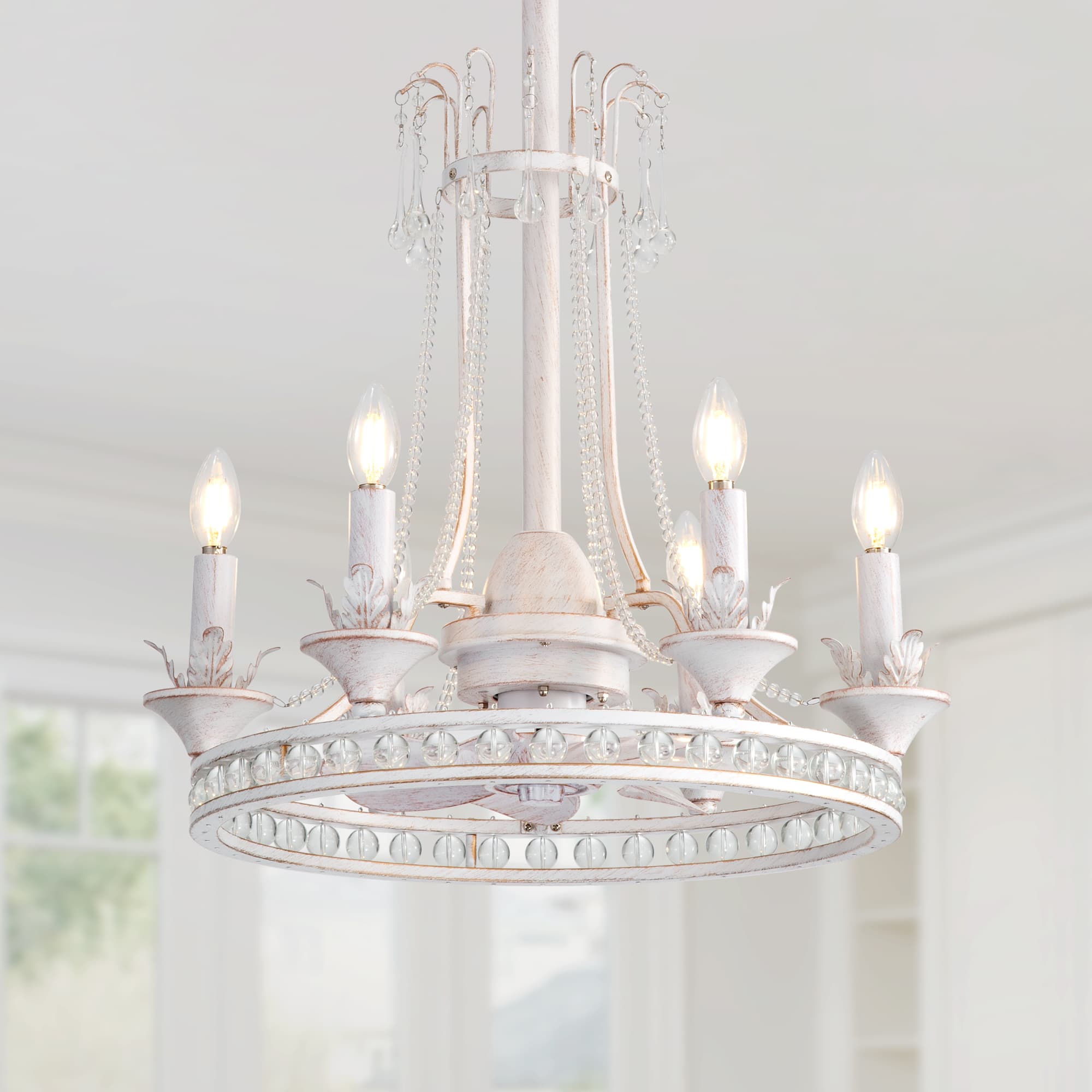 Front. Breezary - 22-Inch Crystal Light Bulb Ceiling Fan, 7 ABS Blades, DC Motor, Semi-Flush Mount, Reversible Function, Remote Control - White Gold and Grey.