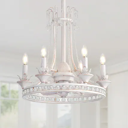 Front. Breezary - 22-Inch Crystal Light Bulb Ceiling Fan, 7 ABS Blades, DC Motor, Semi-Flush Mount, Reversible Function, Remote Control - White Gold and Grey.