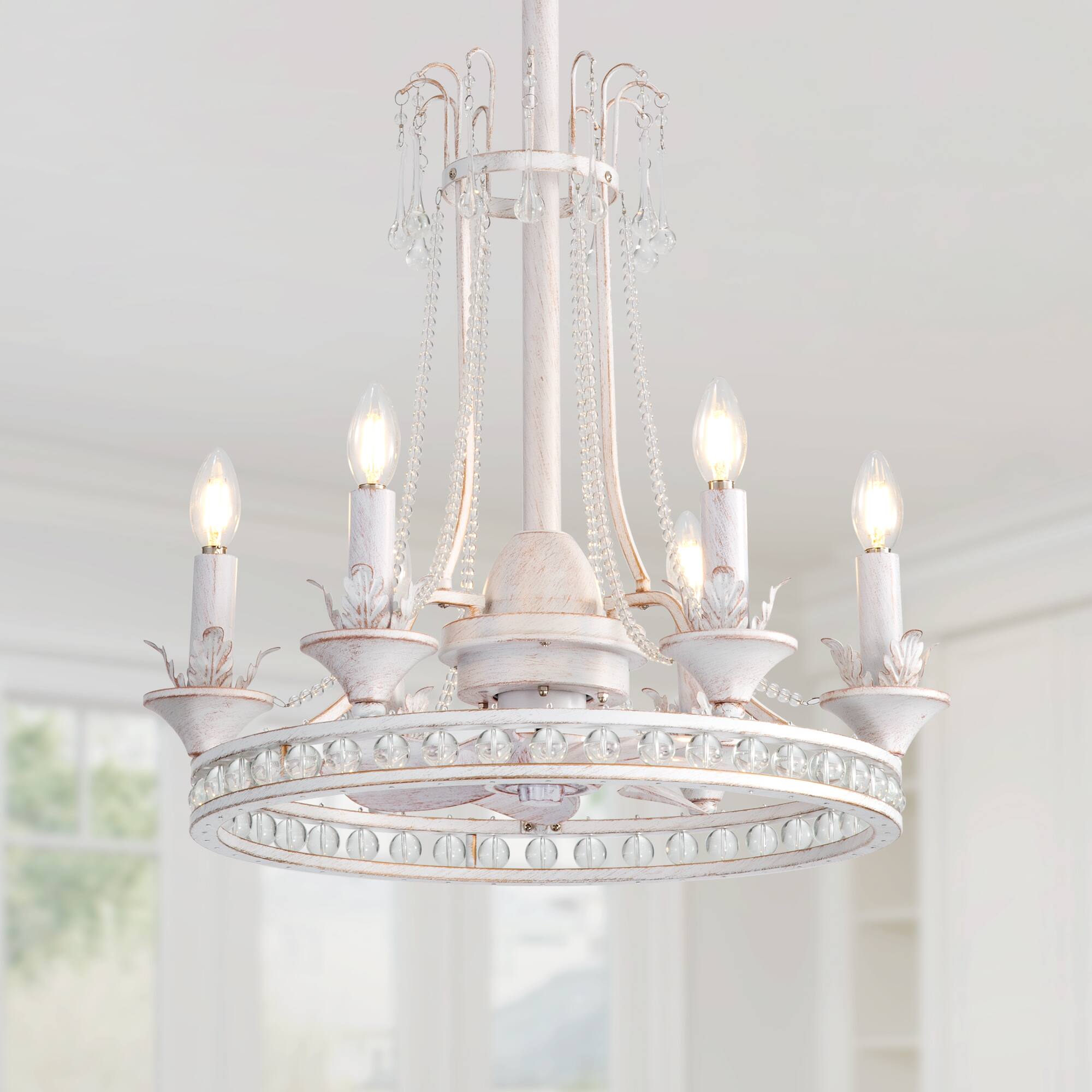 Front. Breezary - 22-Inch Crystal Light Bulb Ceiling Fan, 7 ABS Blades, DC Motor, Semi-Flush Mount, Reversible Function, Remote Control - White Gold and Grey.