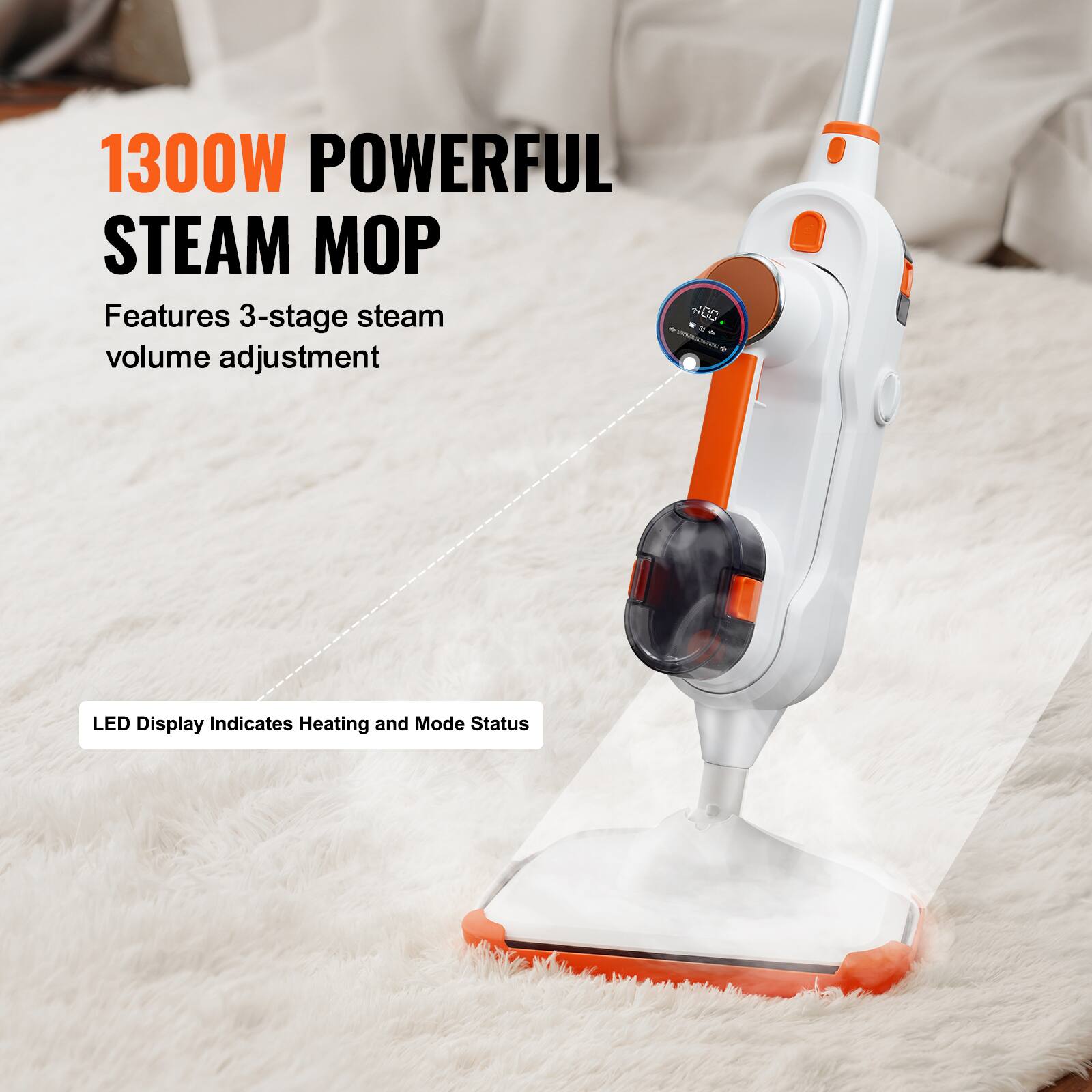 1300W POWERFUL STEAM MOP  
Features 3-stage steam volume adjustment  
LED Display Indicates Heating and Mode Status