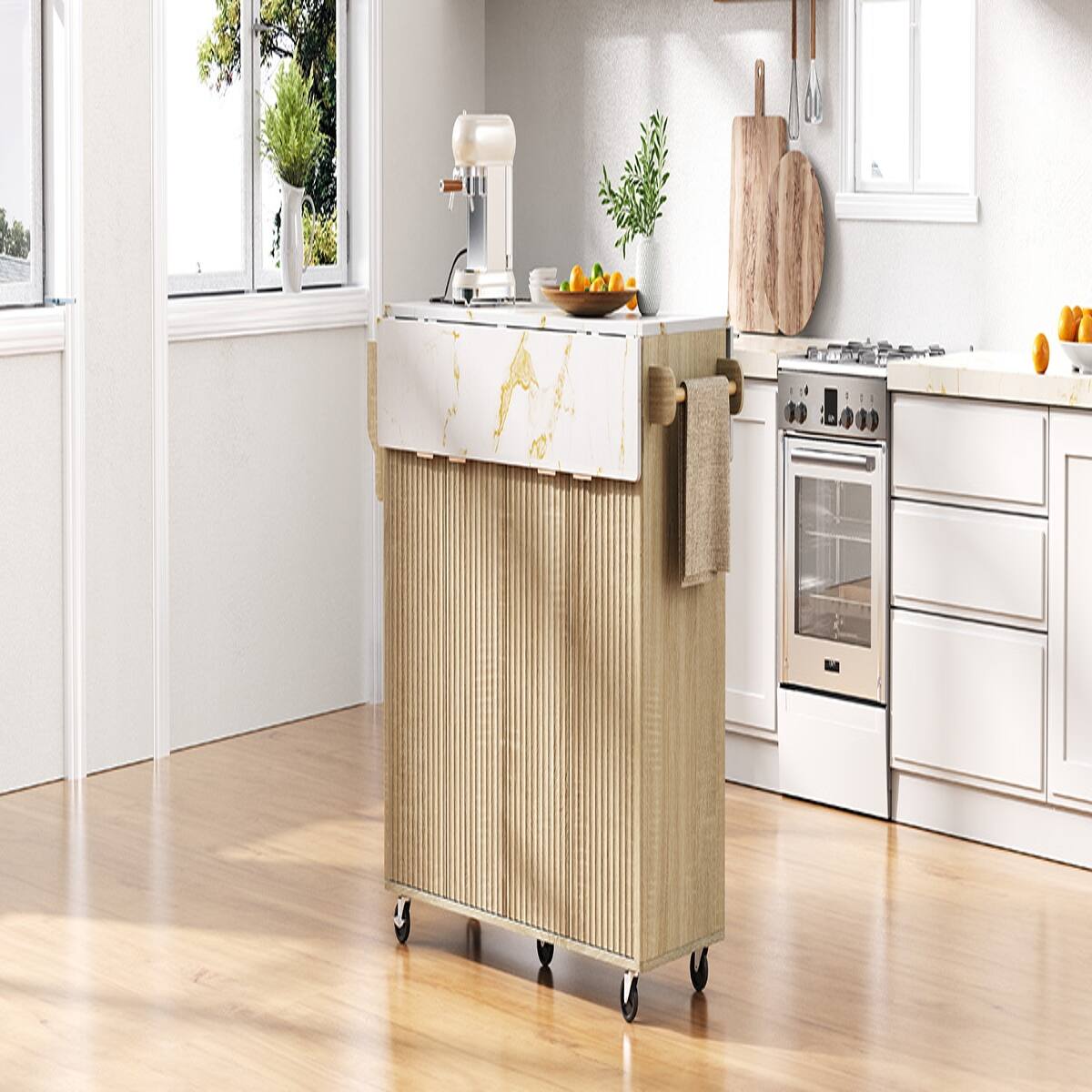 Alt View 6. Loheer - 55.5 inch fluted kitchen island with 2 drop leaf, faux marble top kitchen island, rolling kitchen cart with power outlet - Natural.
