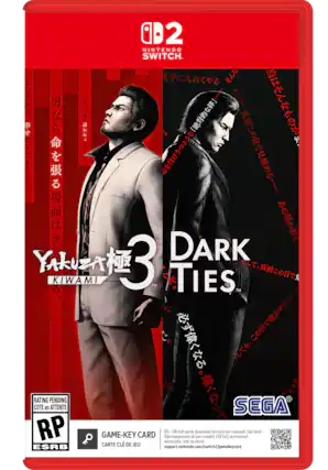 Sure, here is the corrected and grouped text from the image:
---
**Nintendo Switch**
**Yakuza 3: Kiwami**
**Dark Ties**
**SEGA**
**RATING PENDING**
COTE en ATTENTE
RP
ESRB
**GAME-KEY CARD**
CARTE CLÉ DE JEU
**XX - GB Full game download via Internet required.**
**Telechargement du jeu complet (XX Go) via Internet nécessaire.**
**Voir au verso.**
**support.nintendo.com/switch2/gamekeycard**
---
This text is organized to reflect the information on the cover of the game case. - RP (Rating Pending)