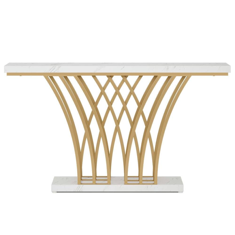 Angle. Kadyn - Entryway Table, Console Sofa Table,59 " Faux Marble Console Table with Geometric Metal Base,Faux Marble White & Gold - White.