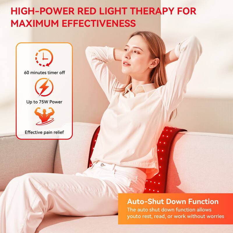 HIGH-POWER RED LIGHT THERAPY FOR MAXIMUM EFFECTIVENESS

- 60 minutes timer off
- Up to 75W Power
- Effective pain relief

Auto-Shut Down Function
The auto shut down function allows you to rest, read, or work without worries