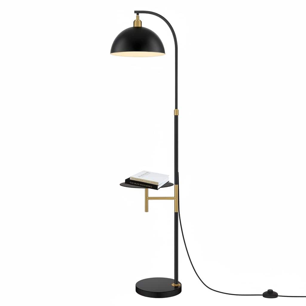 FINEAK - Industrial Adjustable Height Floor Lamp,Black&White Arc Standing Reading Lamp with Shelves - Blacks;White