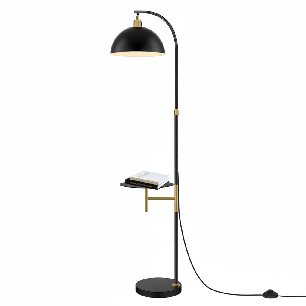 Front. FINEAK - Industrial Adjustable Height Floor Lamp,Black&White Arc Standing Reading Lamp with Shelves - Blacks;White.