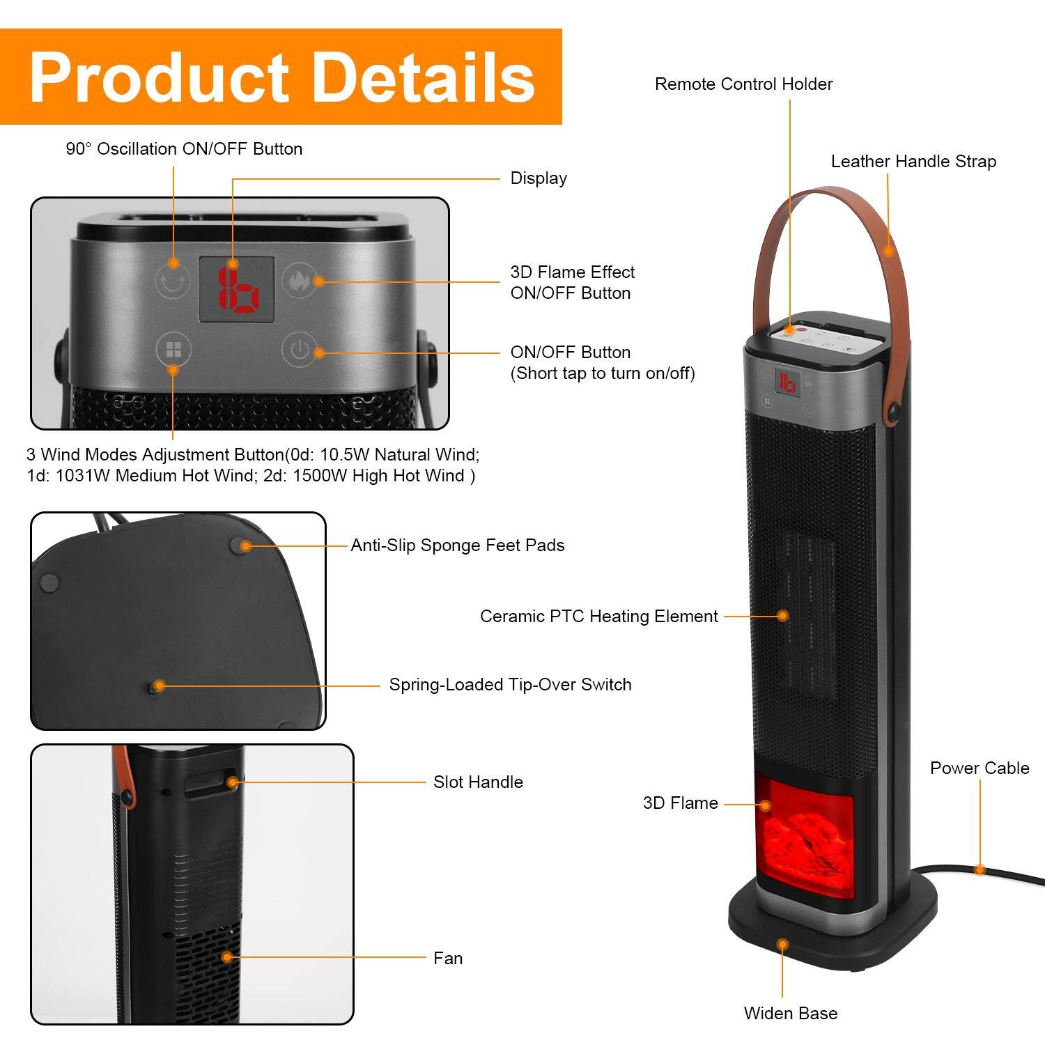 Product Details

- 90° Oscillation ON/OFF Button
- Display
- 3D Flame Effect
- ON/OFF Button (Short tap to turn on/off)
- 3 Wind Modes Adjustment Button (0d: 10.5W Natural Wind; 1d: 1031W Medium Hot Wind; 2d: 1500W High Hot Wind)
- Anti-Slip Sponge Feet Pads
- Ceramic PTC Heating Element
- Spring-Loaded Tip-Over Switch
- Slot Handle
- 3D Flame
- Fan
- Power Cable
- Widen Base
- Remote Control Holder
- Leather Handle Strap