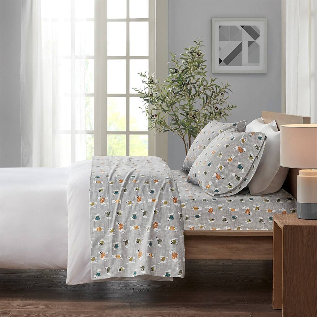 Alt View 1. Gracie Mills - Gracie Mills Persephone Cotton Flannel Sheet Set - Grey Dogs.