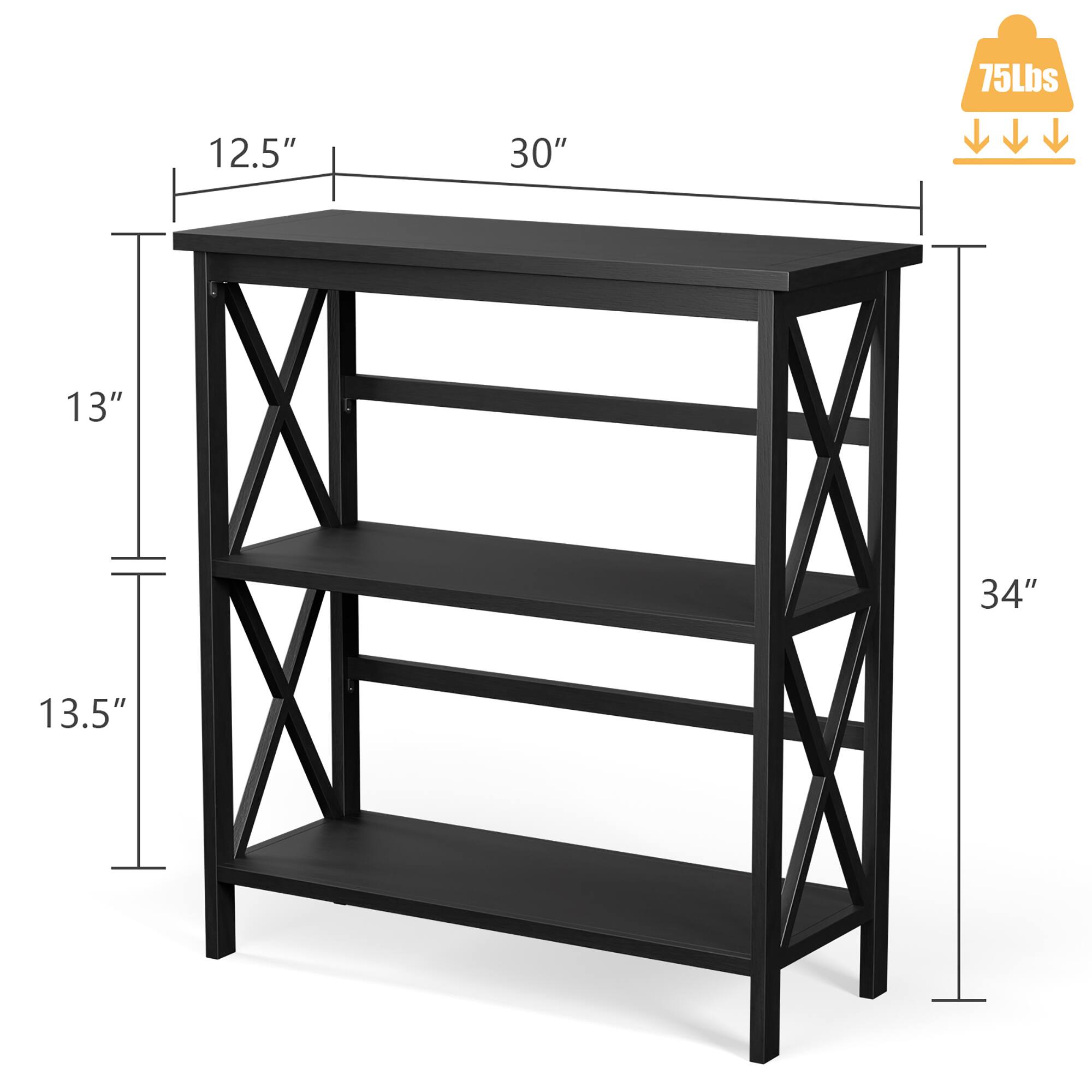 The text on the image reads: 75Lbs 12.5" 30" 13" 34" 13.5". This indicates that the shelf is made of metal and has a weight of 75 pounds. The shelf is 12.5 inches wide, 30 inches long, and 13 inches tall. The shelf is also 34 inches deep and has a height of 13.5 inches.