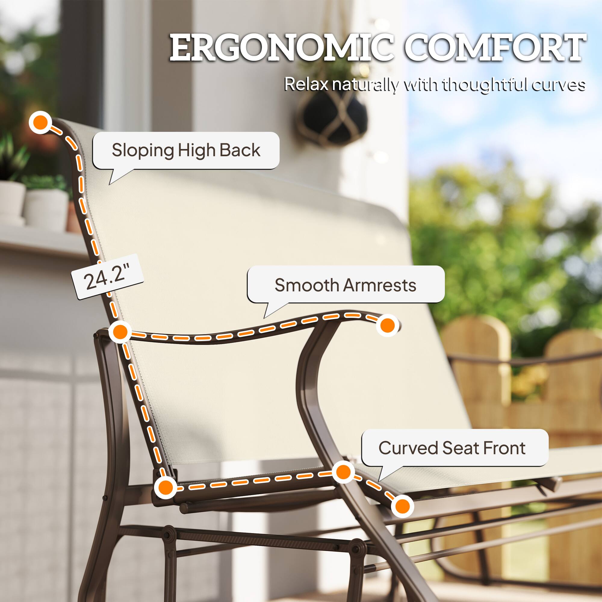 ERGONOMIC COMFORT  
Relax naturally with thoughtful curves  

- Sloping High Back  
- Smooth Armrests  
- Curved Seat Front  

24.2"