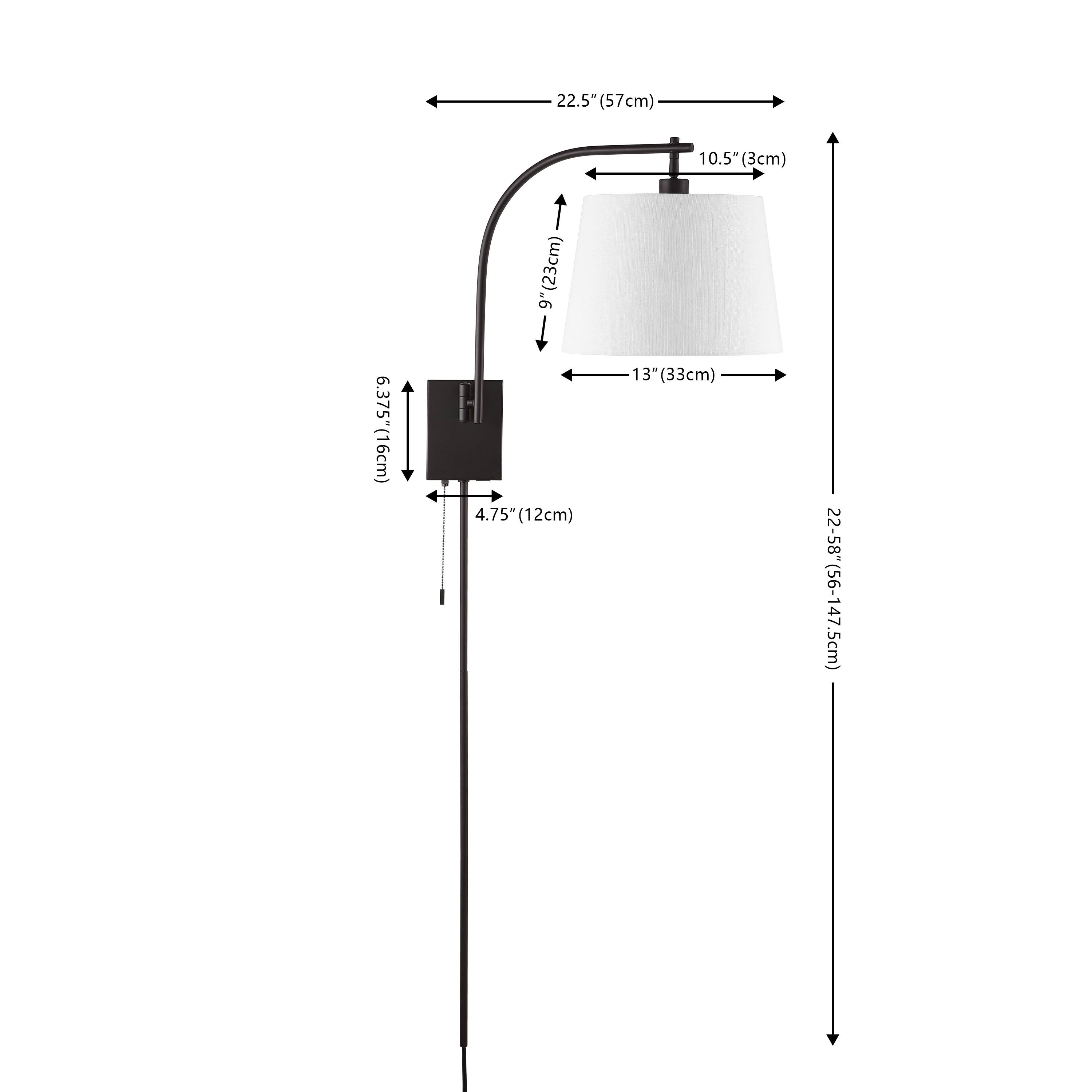 22.5" (57cm)  
6.375" (16cm)  
9" (23cm)  
4.75" (12cm)  
10.5" (3cm)  
13" (33cm)  
22-58" (56-147.5cm)