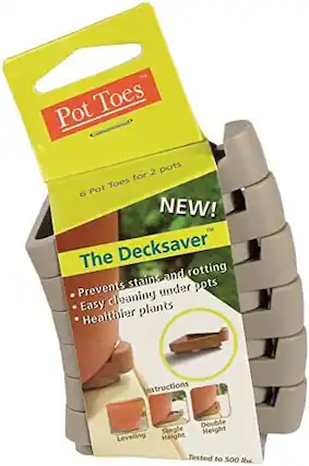 Pot Toes
2 pots for Toes
6 Pot NEW!
TM
The Decksaver
Prevents stains and rotting under pots
Easy cleaning
Healthier plants
Instructions
Double Single Height
Leveling
Height
Tested to 500 lbs