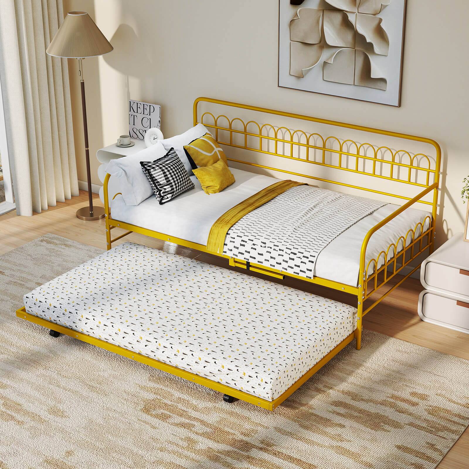 Alt View 5. Costway - Costway Twin Daybed Frame with Trundle, Space-Saving Pull-Out Trundle for Living Room - Gold.