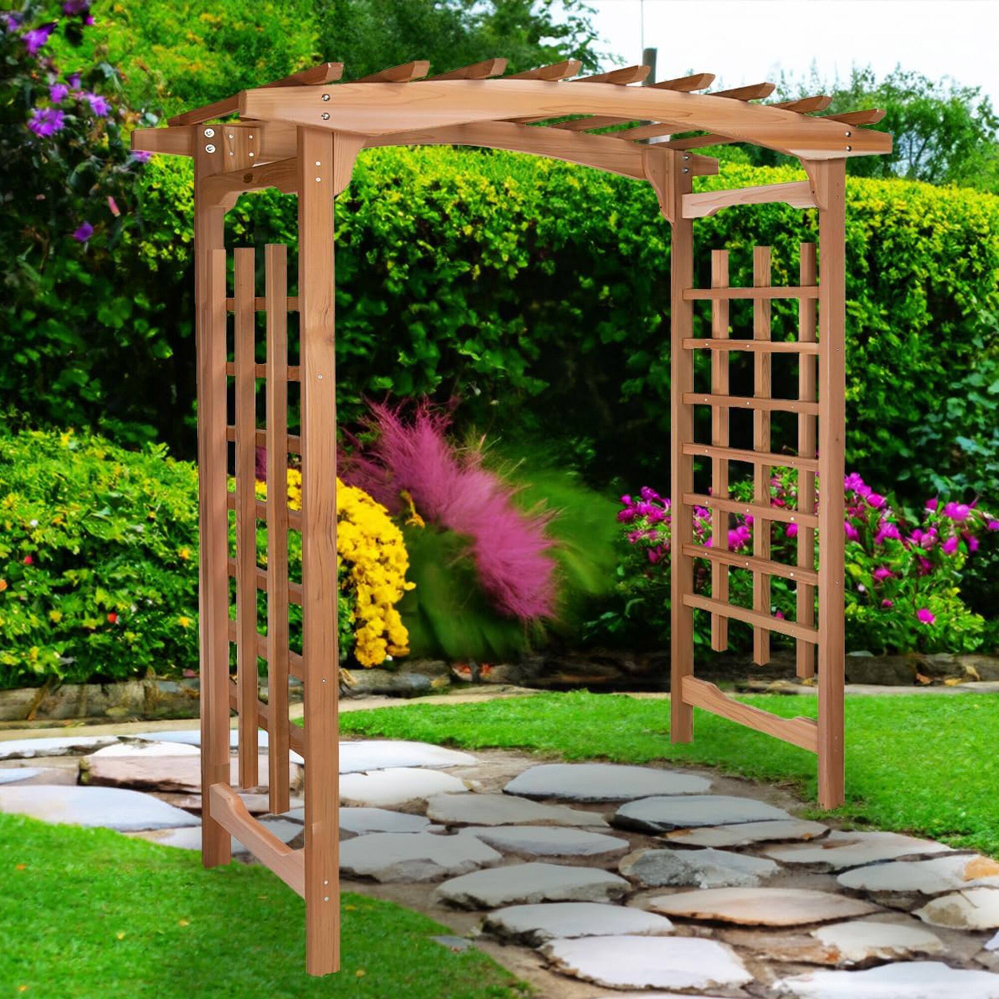 Alt View 4. All Things Cedar - All Things Cedar 6-Foot Pagoda Arbor Garden Arch Trellis for Climbing Plants - Brown.