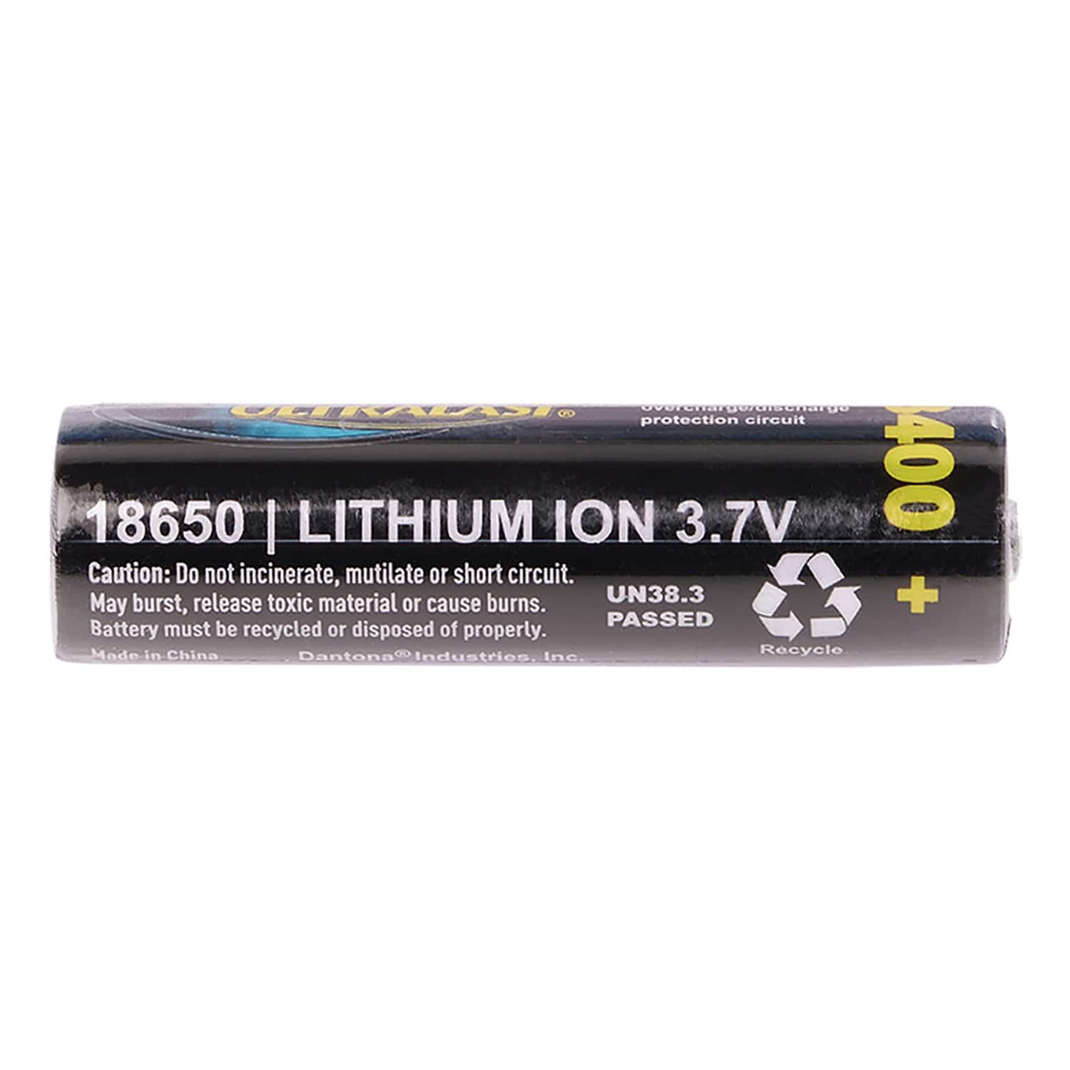 18650 | LITHIUM ION 3.7V
400
Caution: Do not incinerate, mutilate or short circuit. May burst, release toxic material or cause burns.
Battery must be recycled or disposed of properly.
Made in China
Dantona Industries, Inc.
UN38.3 PASSED
Recycle