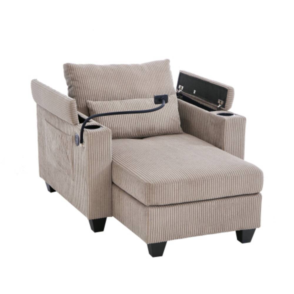 Alt View 4. LUCKY ONE - 37.4" Convertible Chaise Lounge Sofa Chair Bed w/ USB Cup Holders Storage - Brown.