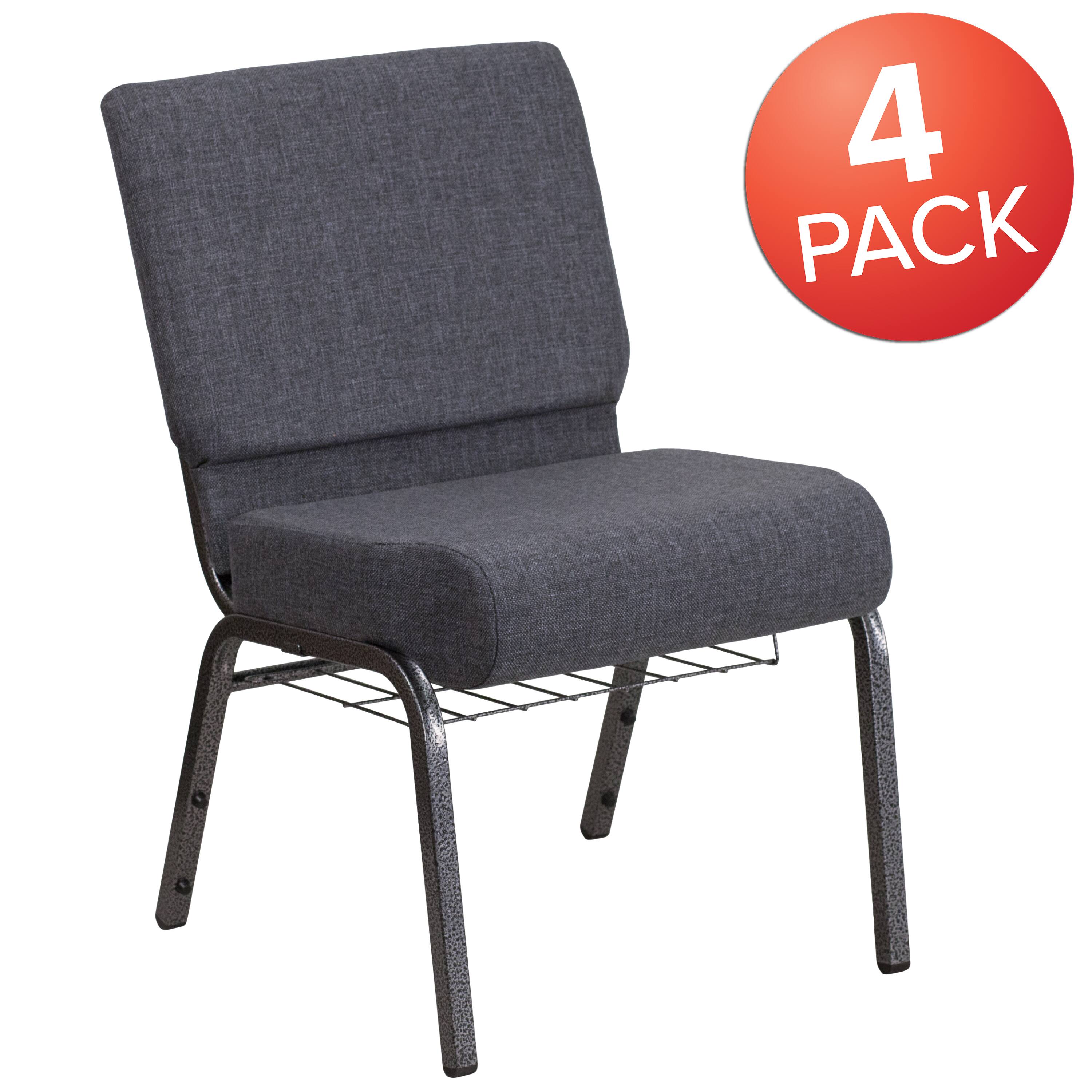 Alt View 1. Emma + Oliver - 4 Pack 21''W Church Chair with Book Rack - Dark Gray Fabric/Silver Vein Frame.