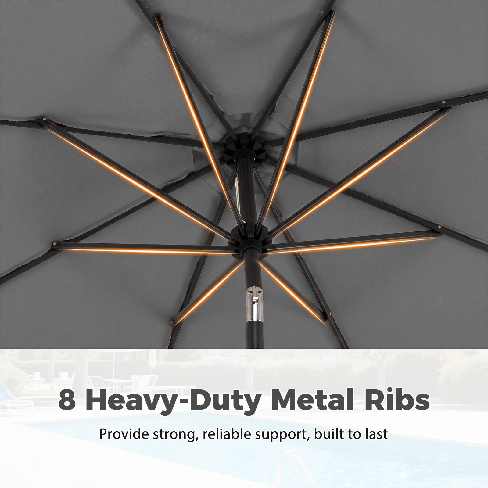 8 Heavy-Duty Metal Ribs  
Provide strong, reliable support, built to last