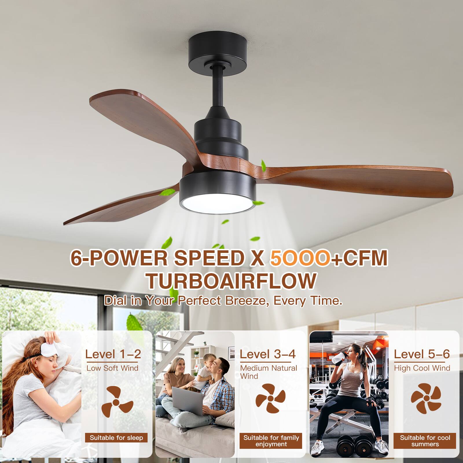 6-POWER SPEED X 5000+CFM TURBOAIRFLOW  
Dial in Your Perfect Breeze, Every Time.  

Level 1-2: Low Soft Wind  
Suitable for sleep  

Level 3-4: Medium Natural Wind  
Suitable for family enjoyment  

Level 5-6: High Cool Wind  
Suitable for cool summers