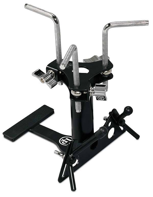 Left. Latin Percussion - Multi-Gajate Bracket, Triple Percussion Mount for Pedal, 3/8" Rods, Adjustable Rotating Center Post.