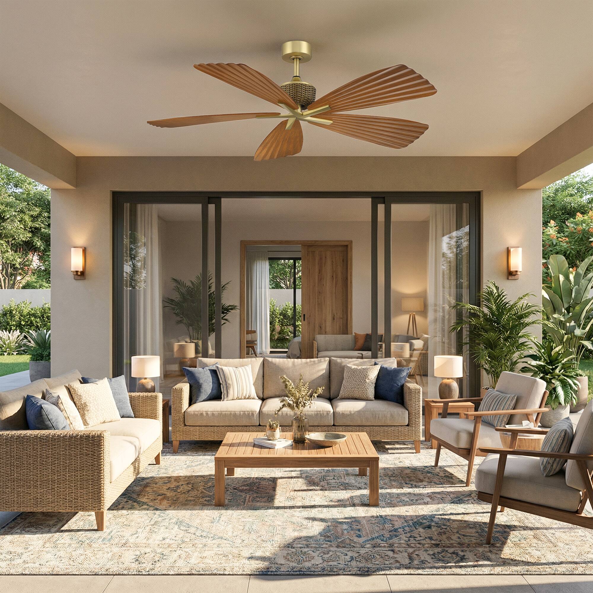 Back. Parrot Uncle - 56" Brown Tropical Pleated Leaf 5-Blade Indoor Outdoor Ceiling Fan with Remote, No Light - Gold.