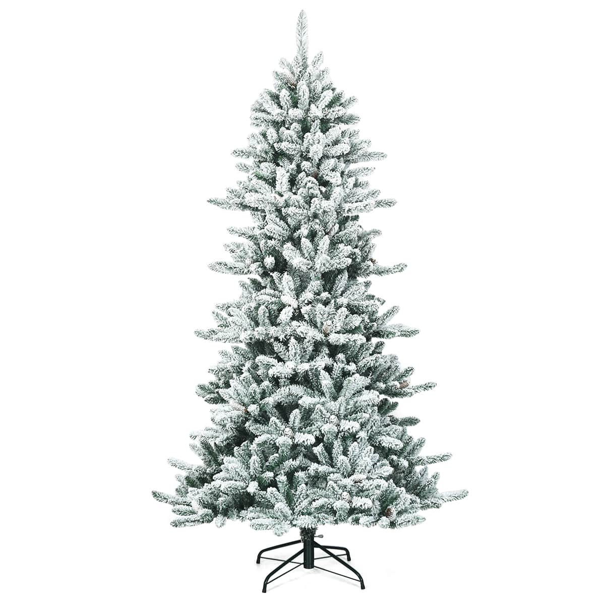 Costway - 7Ft Premium Hinged Snow Flocked Slim Artificial Christmas Fir Tree w/ Pine Cones - Green/White