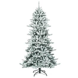 Costway - 7Ft Premium Hinged Snow Flocked Slim Artificial Christmas Fir Tree w/ Pine Cones - Green/White