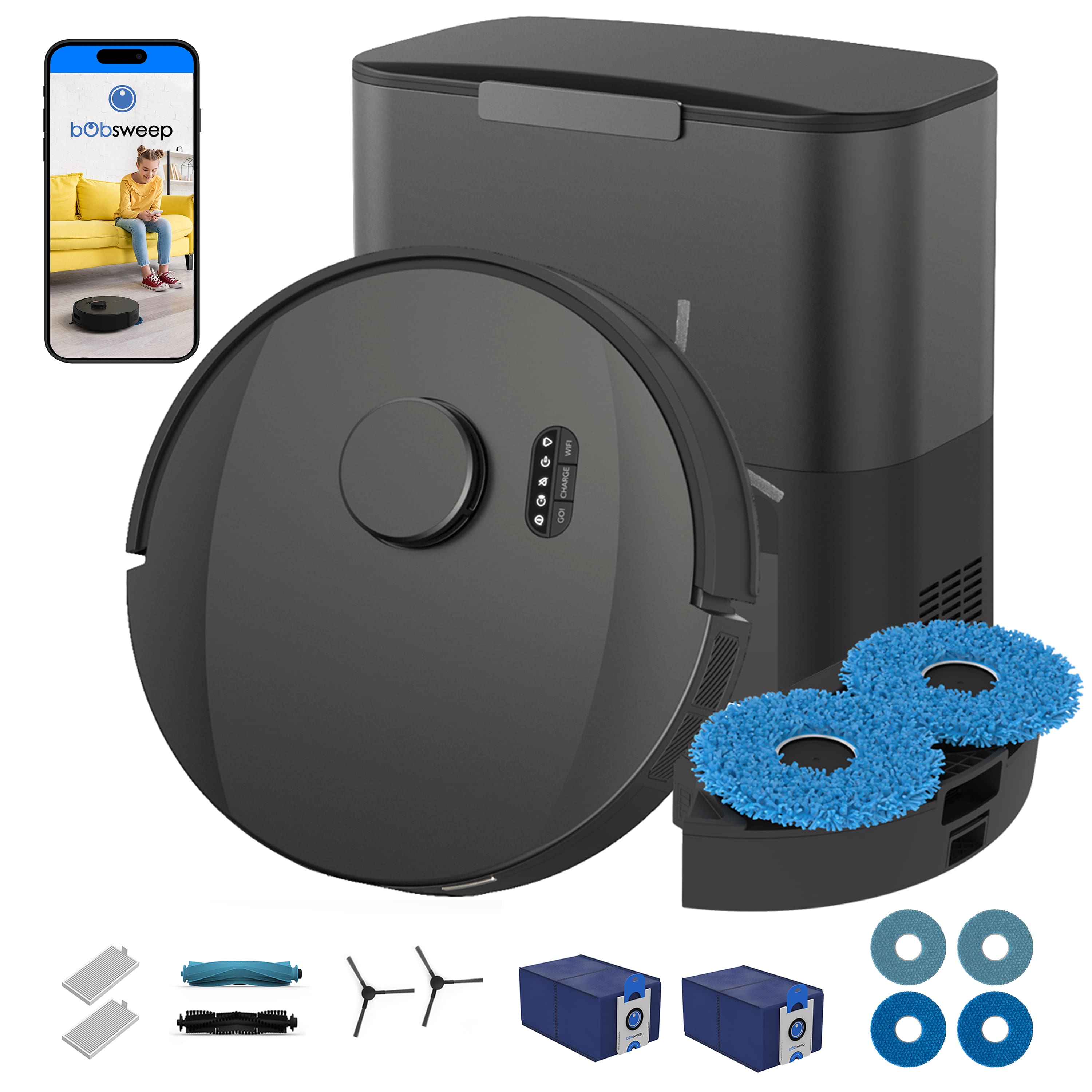 bObsweep - UltraVision Pet Self-Empty Robot Vacuum & Mop, 1.5 Gal 180-Day Dock, App & Voice Control, US Engineered - Gunmetal Stainless Steel, with DualSpin Mops