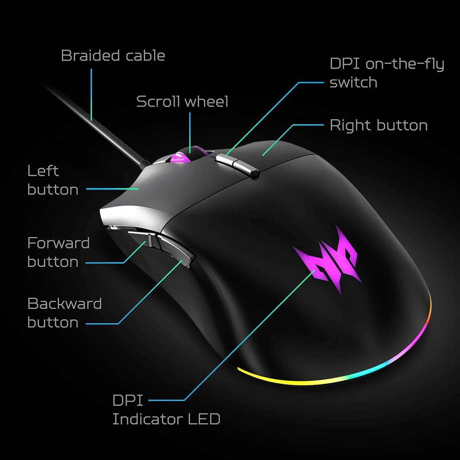 - Braided cable
- Scroll wheel
- Left button
- Forward button
- Backward button
- DPI Indicator LED
- DPI on-the-fly switch
- Right button