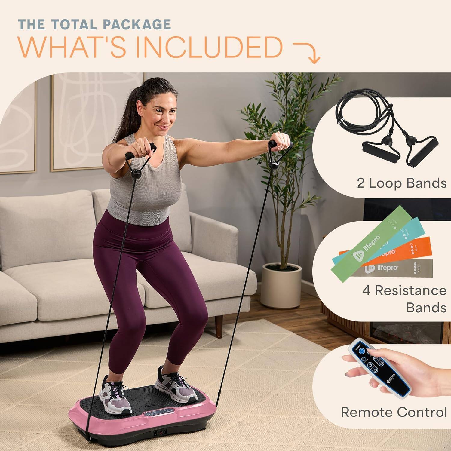 THE TOTAL PACKAGE  
WHAT'S INCLUDED  

- 2 Loop Bands  
- 4 Resistance Bands  
- Remote Control