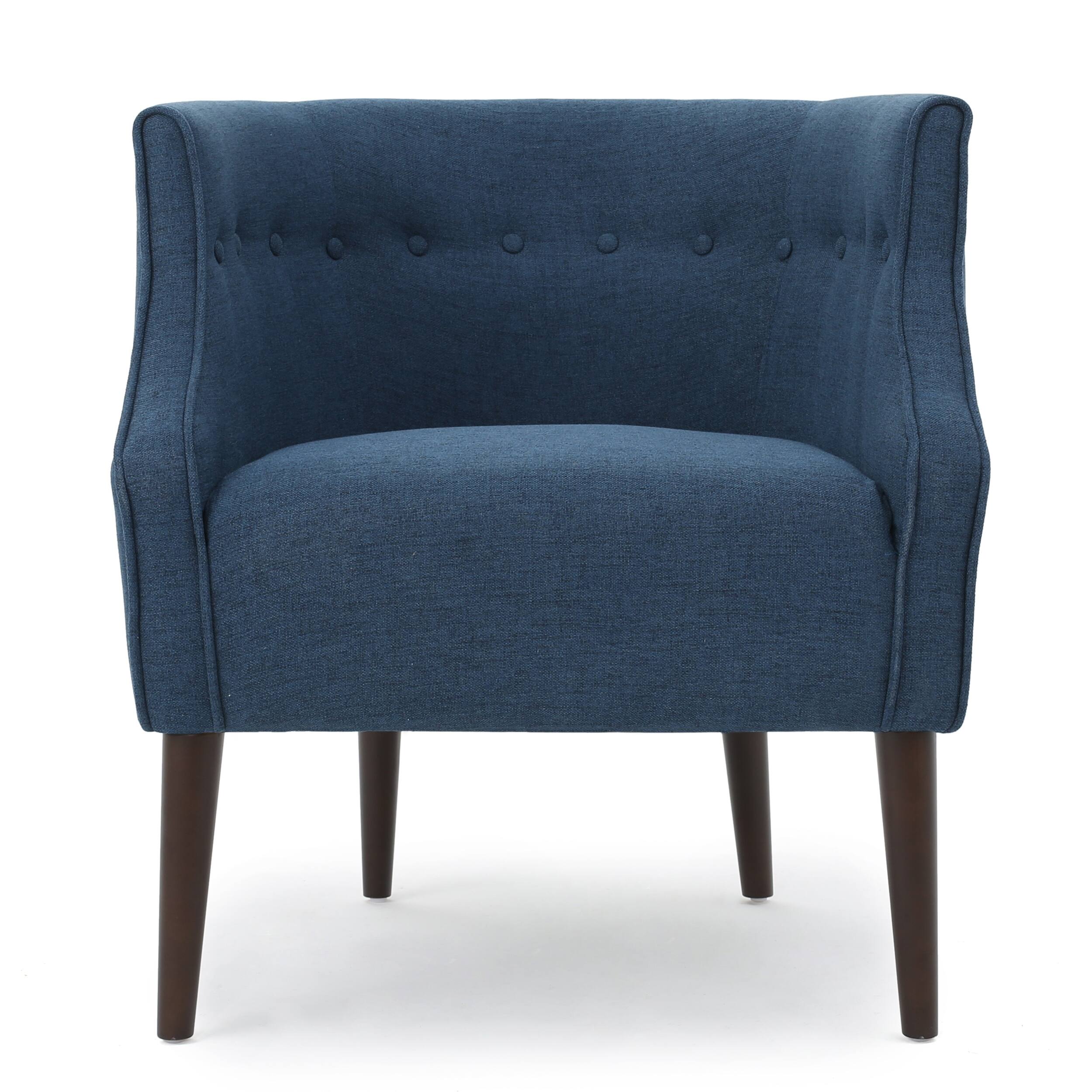 Angle. APRILSOUL - Contemporary Upholstered Club Chair with Button Tufting in Navy Blue Fabric and Birch Wood Legs - Navy.