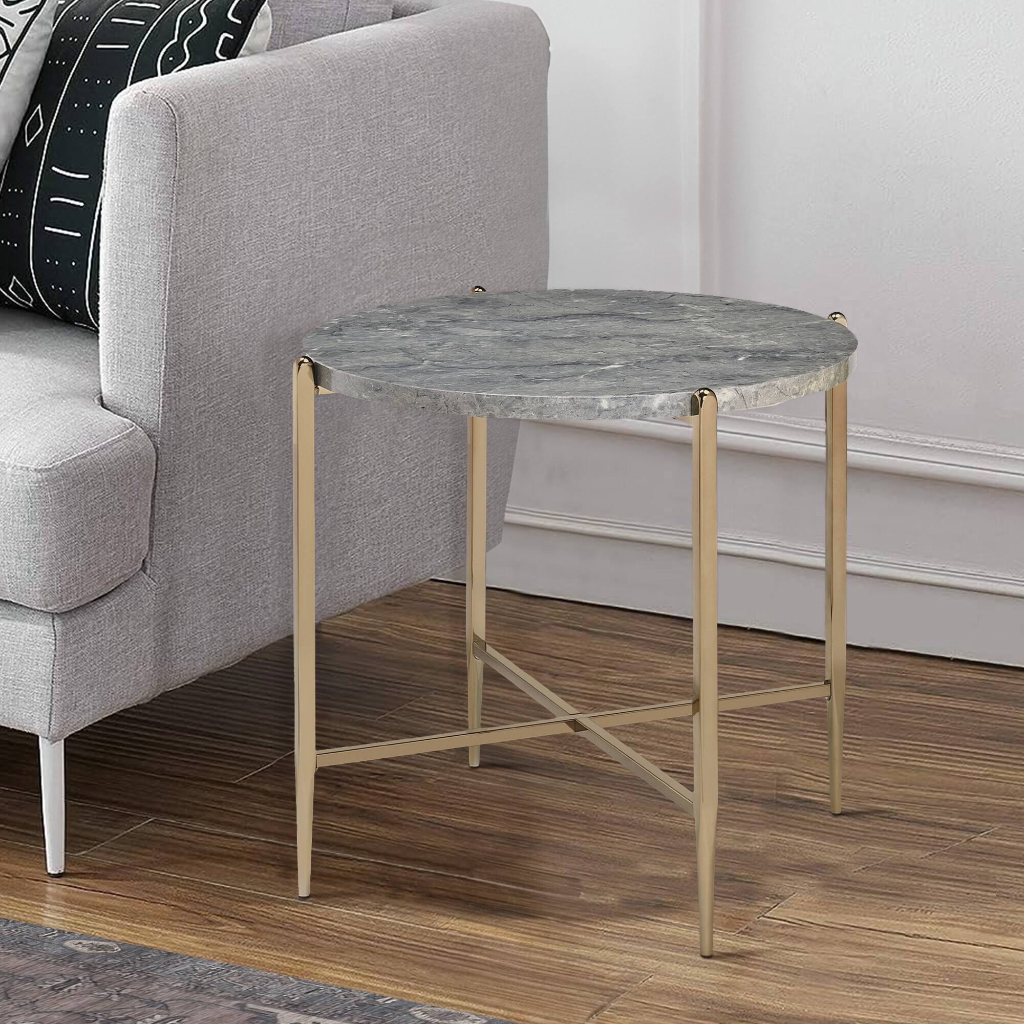 Alt View 5. Manhattan Lane - End Table with Oval Marble Top and X Shaped Support - Gray and Gold.