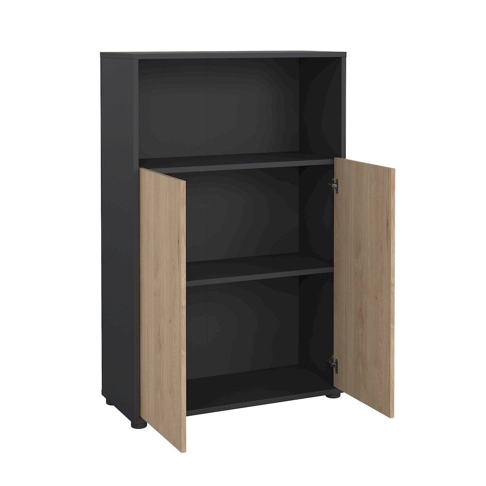 Angle. Tvilum - Adjustable 3 Shelf Bookcase with 2 Doors, Open Storage Home Office Bookshelf - Gray.