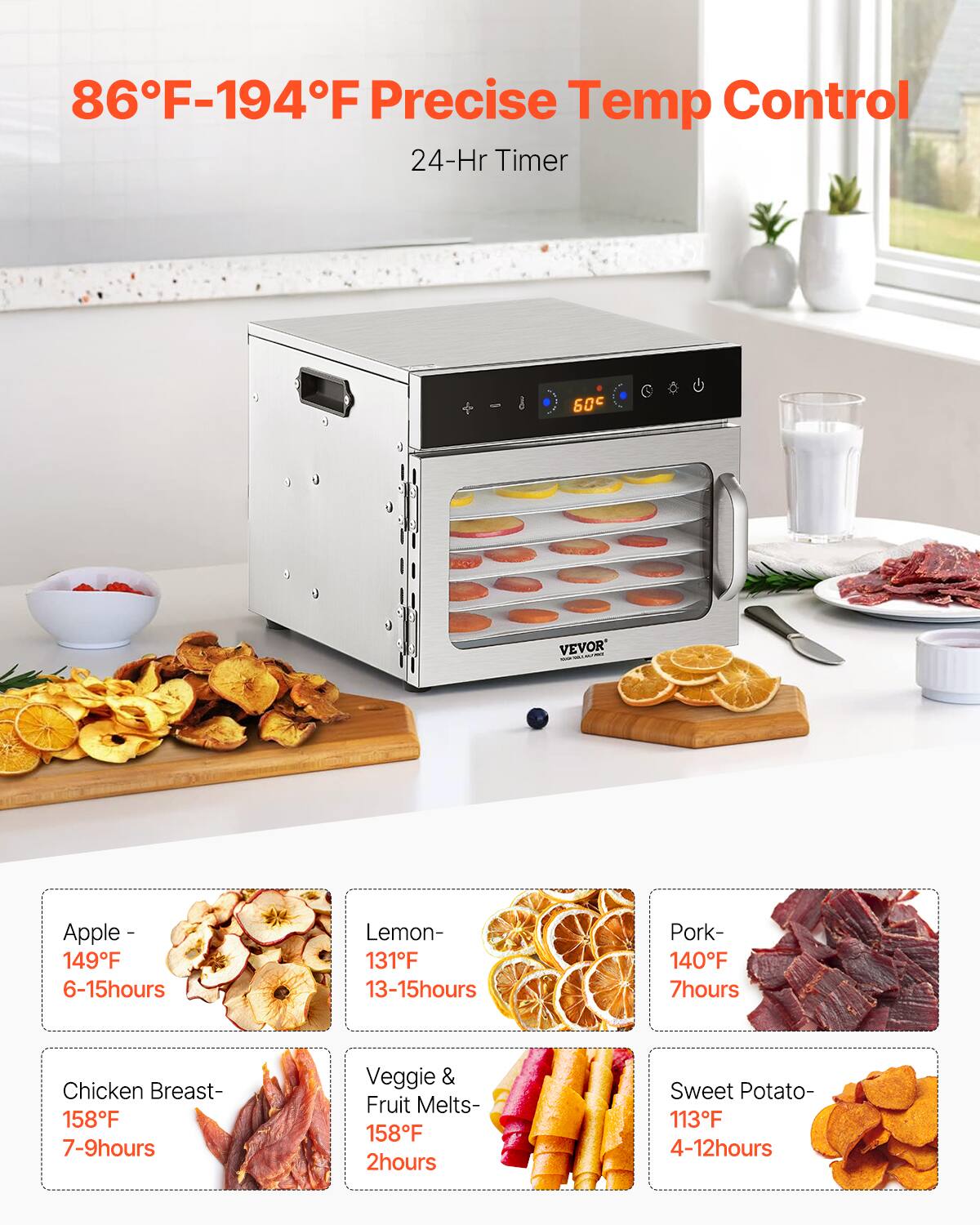 86°F-194°F Precise Temp Control  
24-Hr Timer

Apple - 149°F 6-15hours  
Lemon - 131°F 13-15hours  
Pork - 140°F 7hours  
Chicken Breast - 158°F 7-9hours  
Veggie & Fruit Melts - 158°F 2hours  
Sweet Potato - 113°F 4-12hours
