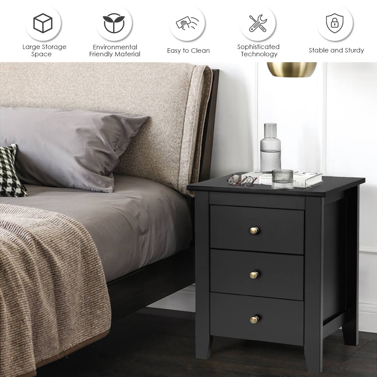 The image features a bed with a black dresser next to it. The dresser is described as having a large storage space, being made of environmental friendly material, easy to clean, and having sophisticated technology. Additionally, the dresser is described as stable and sturdy.