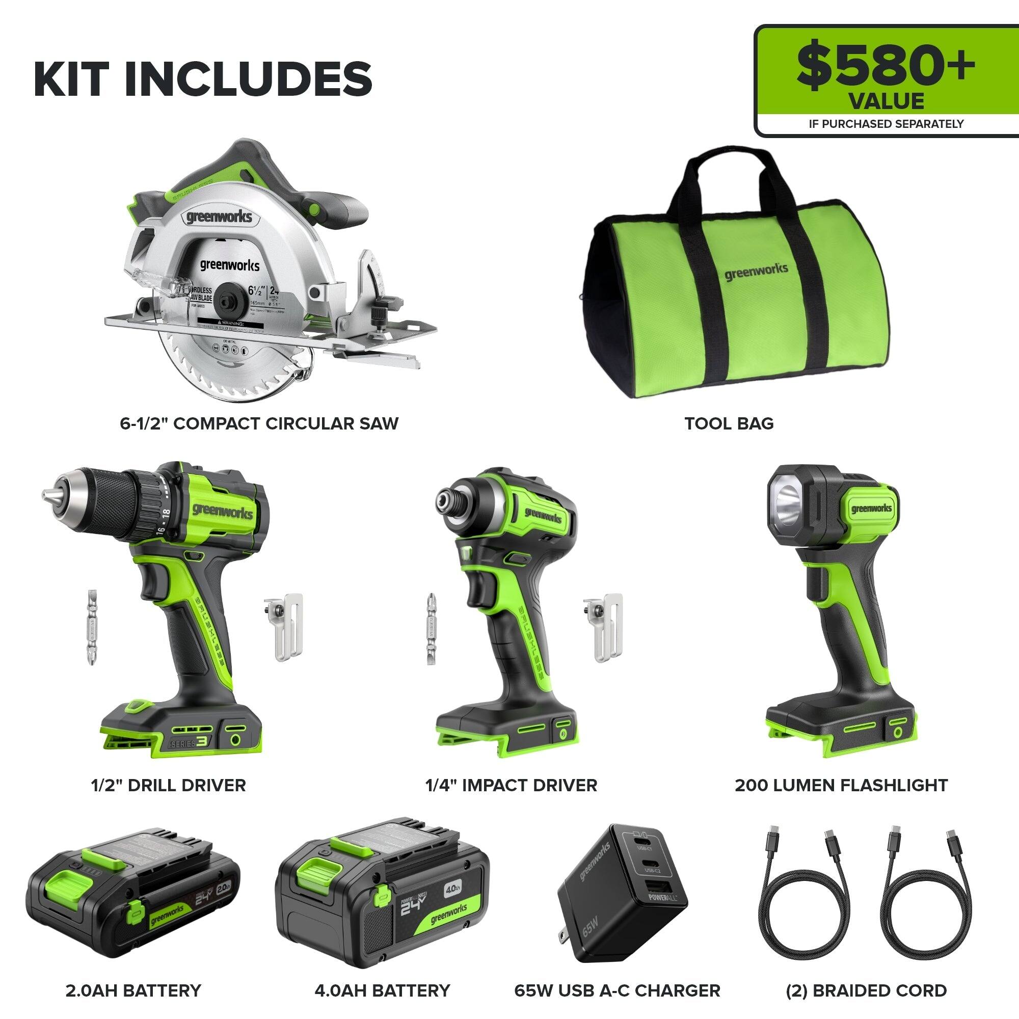 KIT INCLUDES

$580+ VALUE IF PURCHASED SEPARATELY

- 6-1/2" COMPACT CIRCULAR SAW
- TOOL BAG
- 1/2" DRILL DRIVER
- 1/4" IMPACT DRIVER
- 200 LUMEN FLASHLIGHT
- 2.0AH BATTERY
- 4.0AH BATTERY
- 65W USB A-C CHARGER
- (2) BRAIDED CORD