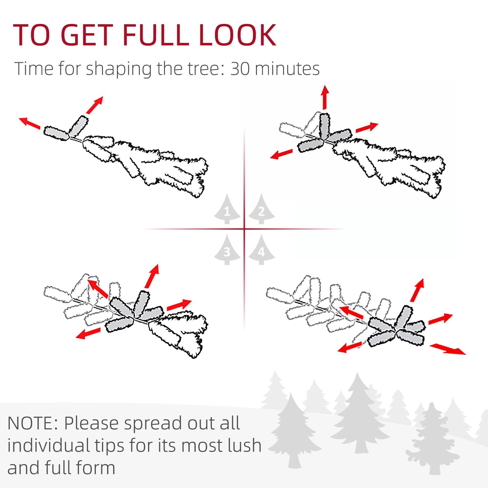To get a full look, time for shaping the tree: 30 minutes.

1. 
2. 
3. 
4. 

Note: Please spread out all individual tips for its most lush and full form.