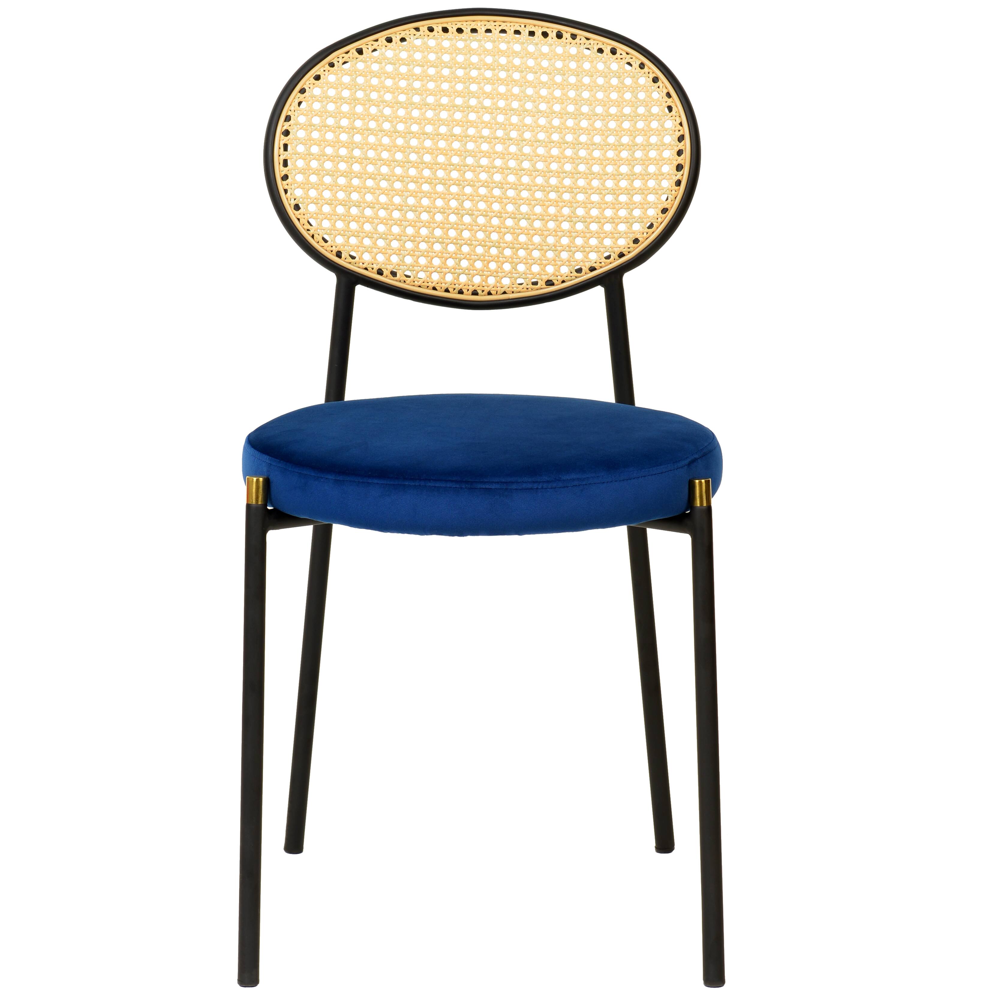Alt View 2. LeisureMod - Euston Modern Gold Tip Dining Chair, Mid-Century Rattan Cane Back Accent Armless Chair - Velvet Upholstered Cushion - Navy Blue.