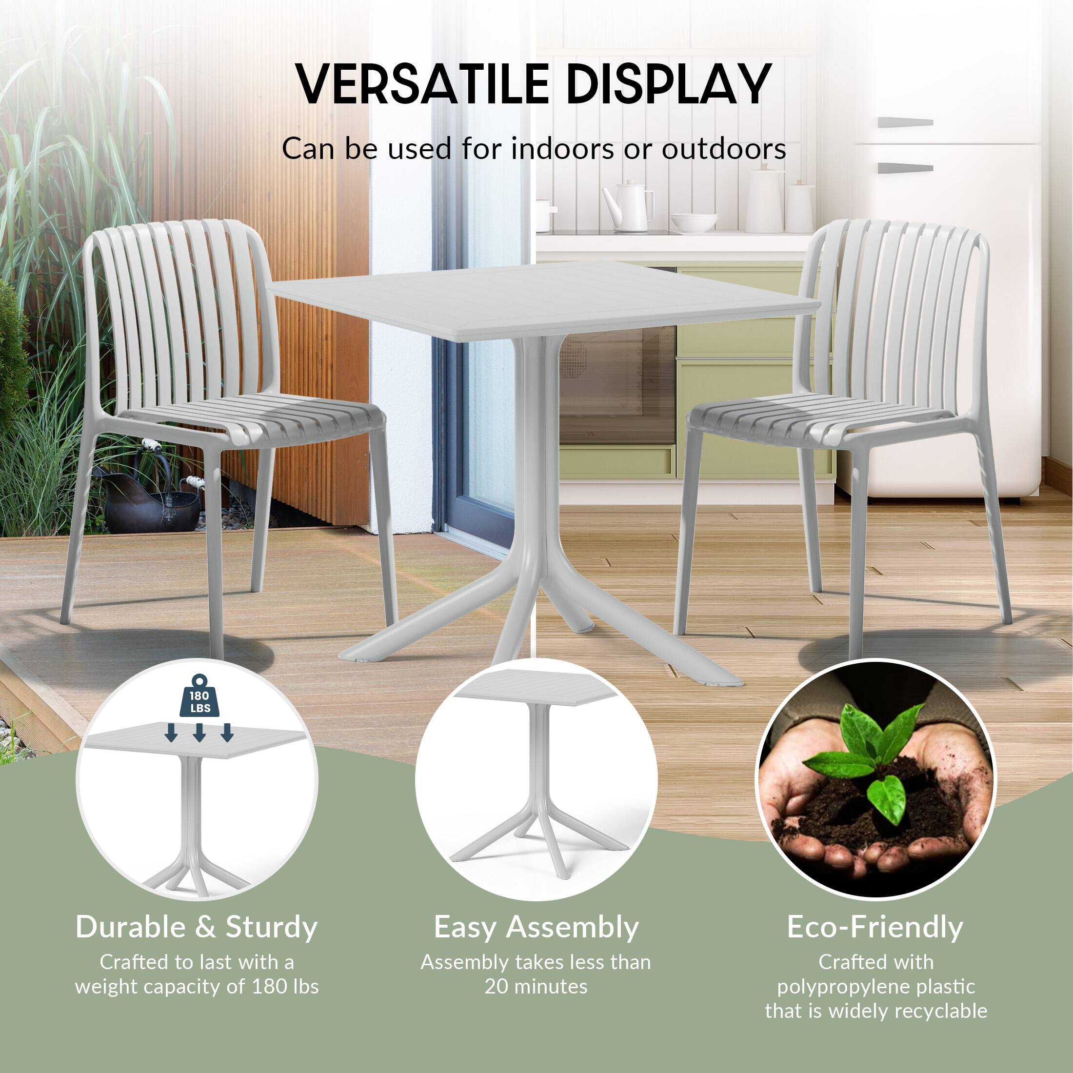 VERSATILE DISPLAY  
Can be used for indoors or outdoors  

Durable & Sturdy  
Crafted to last with a weight capacity of 180 lbs  

Easy Assembly  
Assembly takes less than 20 minutes  

Eco-Friendly  
Crafted with polypropylene plastic that is widely recyclable