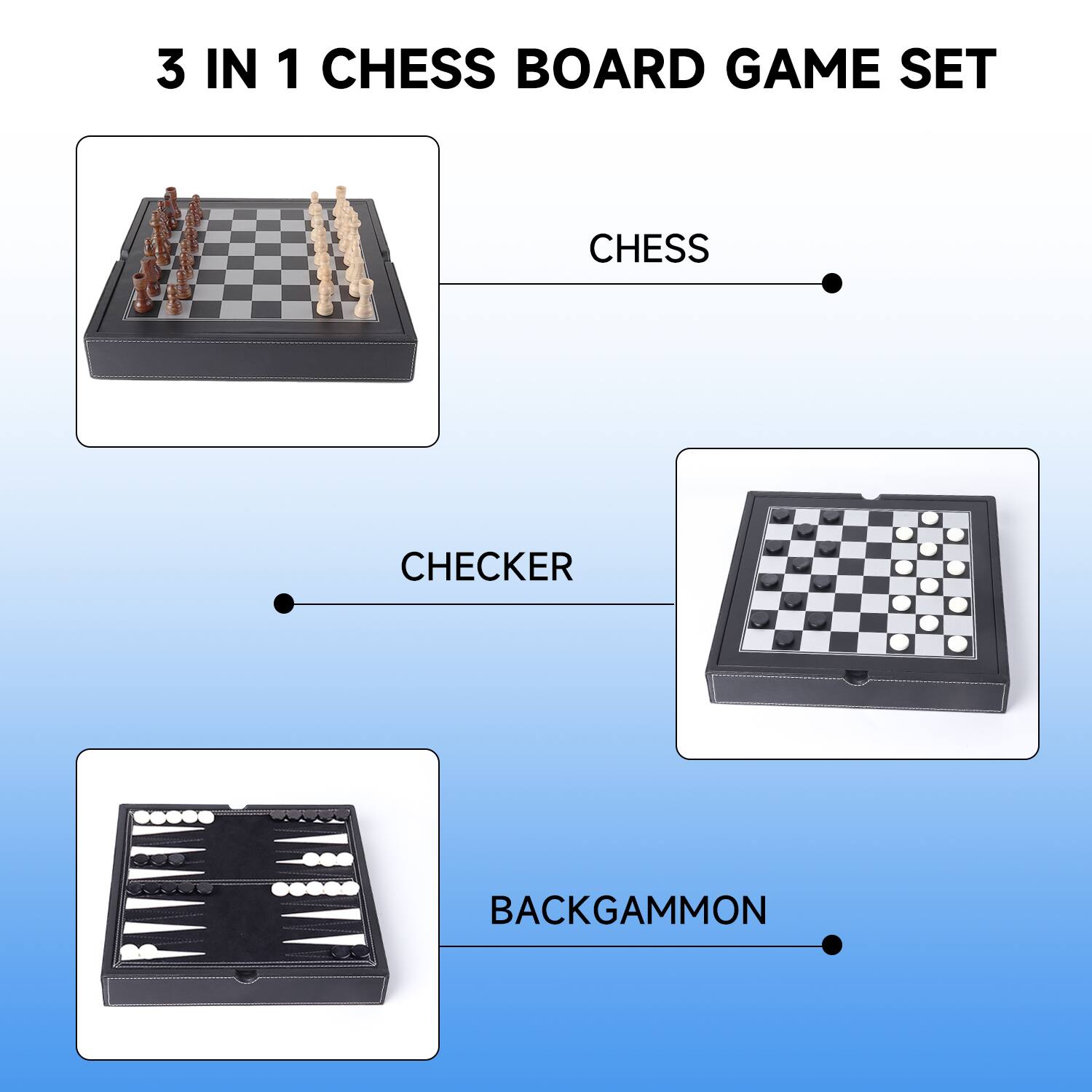 3 IN 1 CHESS BOARD GAME SET
CHESS
CHECKER
BACKGAMMON